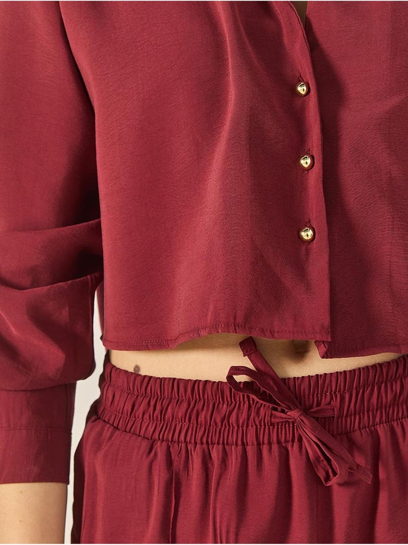 Ensemble deux pièces décontracté en modal avec chemise à col en v et pantalon ample bianco lucci Rouge bordeaux - Kiabi