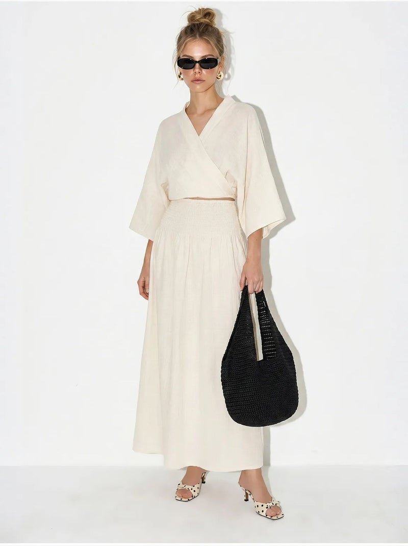 Ensemble deux pièces en coton avec blouse et jupe midi lucci Beige naturel - Kiabi