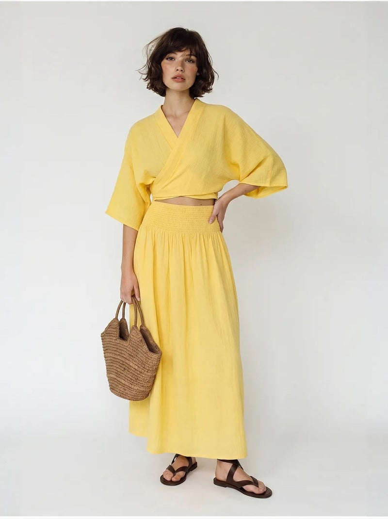 Ensemble deux pièces en coton avec blouse et jupe midi lucci Jaune citron - Kiabi