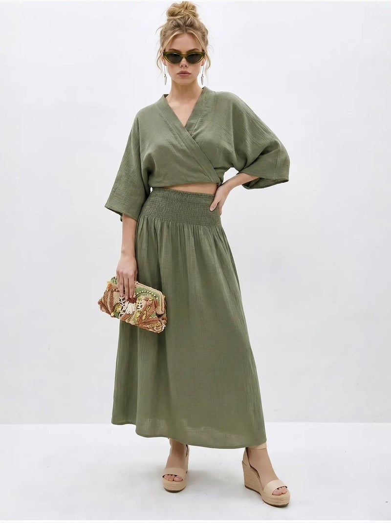 Ensemble deux pièces en coton avec blouse et jupe midi lucci Kaki - Kiabi