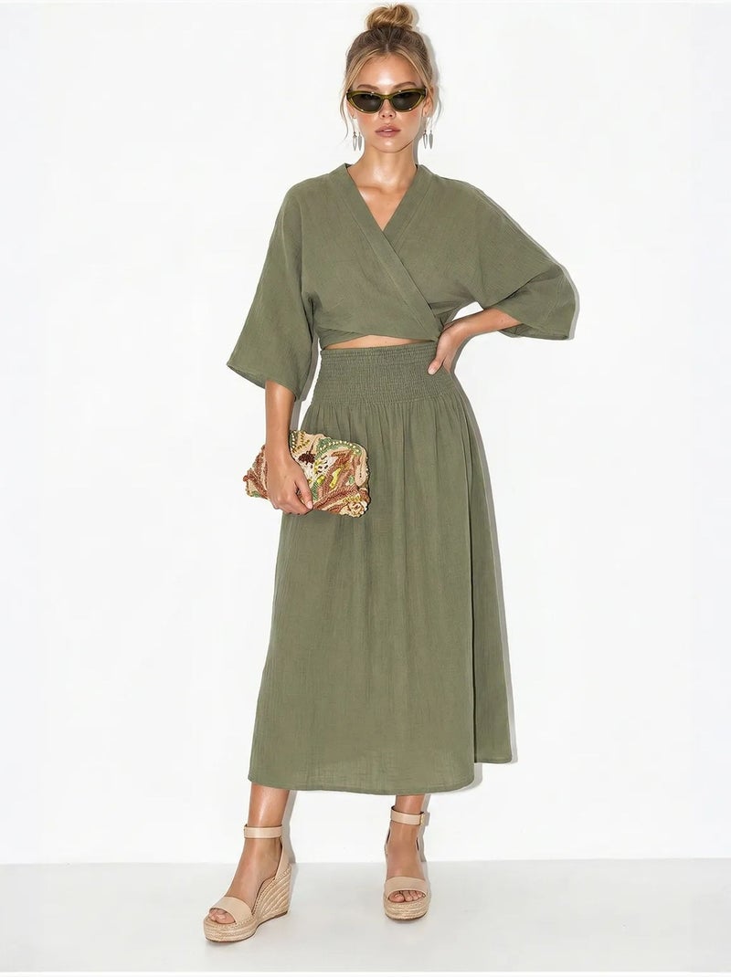 Ensemble deux pièces en coton avec blouse et jupe midi lucci Kaki - Kiabi