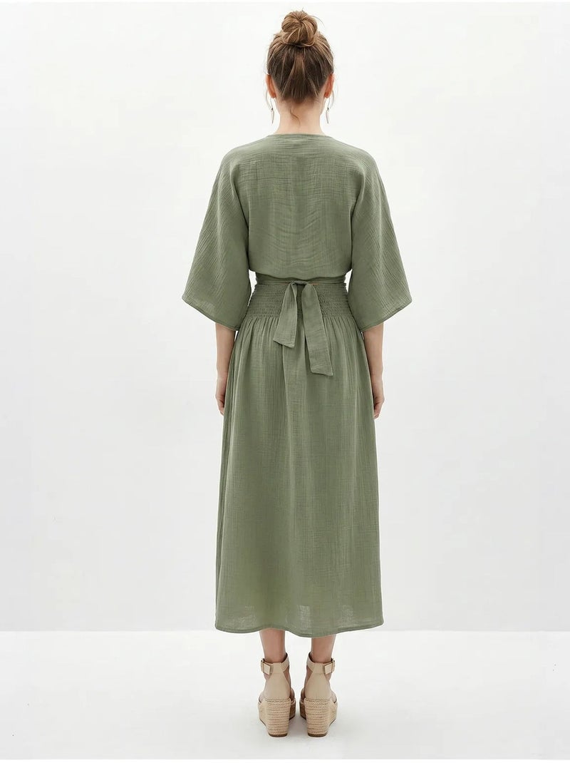 Ensemble deux pièces en coton avec blouse et jupe midi lucci Kaki - Kiabi