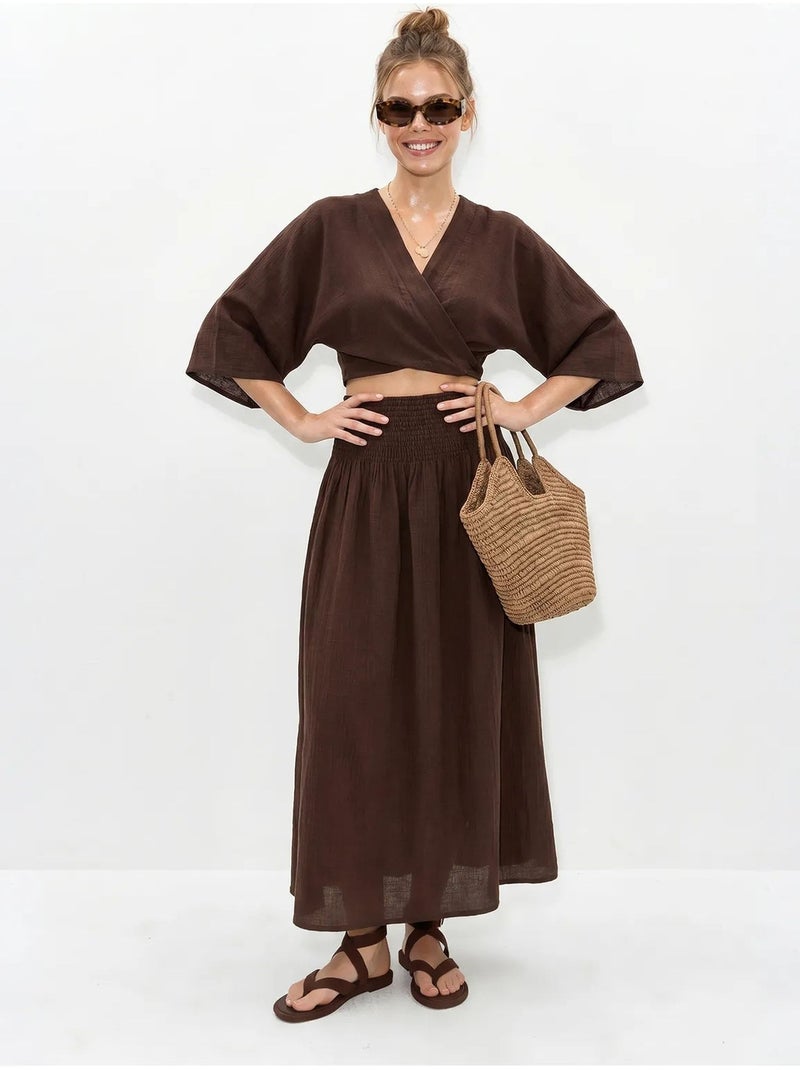 Ensemble deux pièces en coton avec blouse et jupe midi lucci Marron chocolat - Kiabi