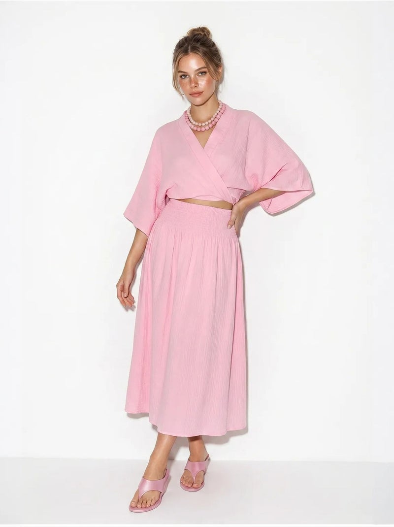 Ensemble deux pièces en coton avec blouse et jupe midi lucci Rose - Kiabi