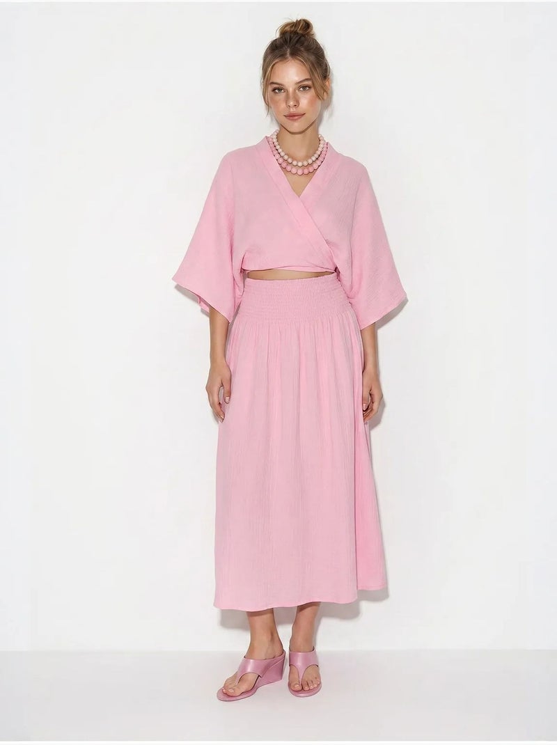 Ensemble deux pièces en coton avec blouse et jupe midi lucci Rose - Kiabi