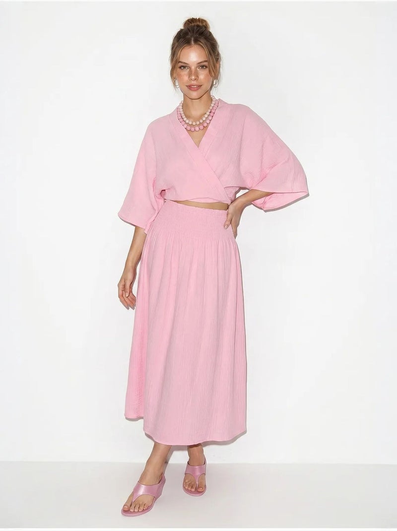 Ensemble deux pièces en coton avec blouse et jupe midi lucci Rose - Kiabi