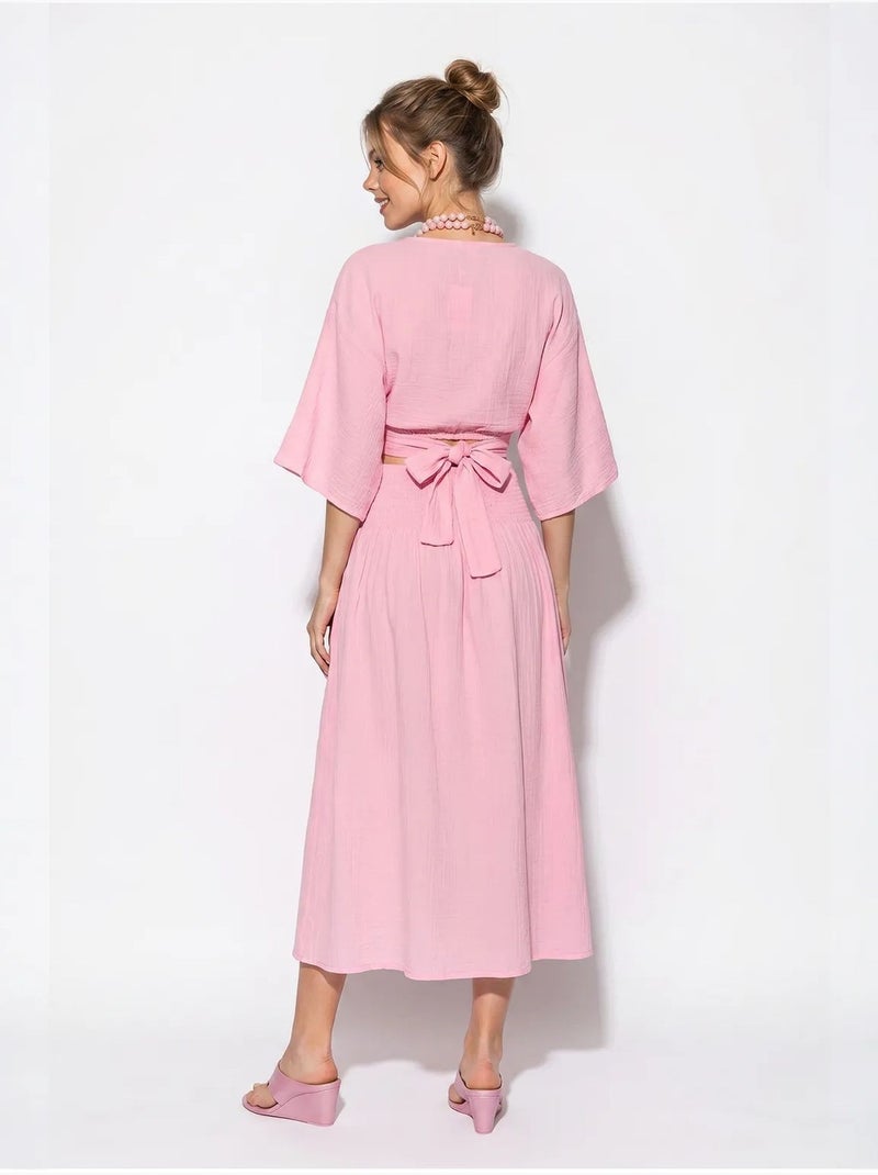Ensemble deux pièces en coton avec blouse et jupe midi lucci Rose - Kiabi