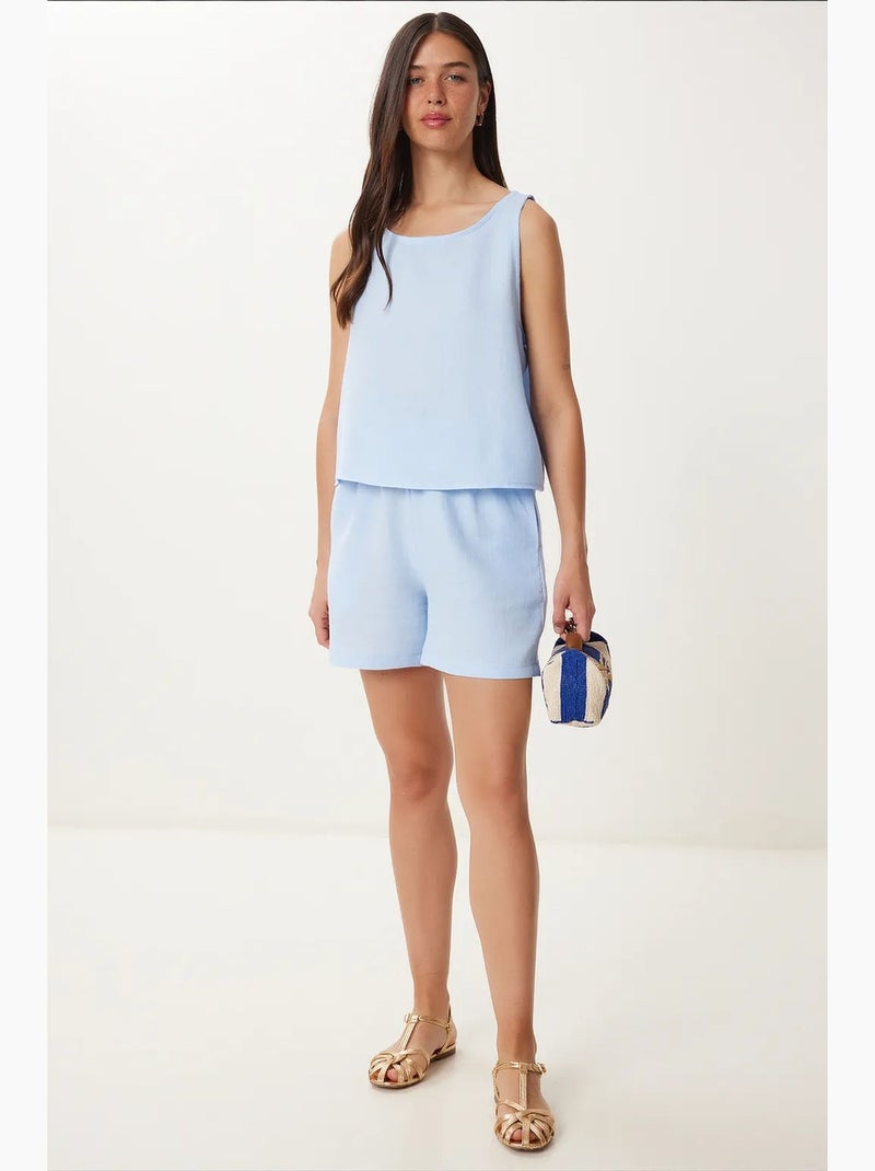 Ensemble deux pièces en coton sans manches à col bateau et short à jambes larges istanbul Bleu ciel - Kiabi