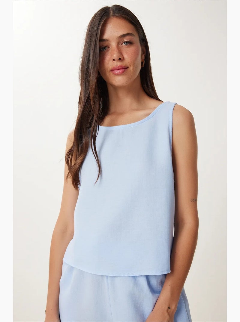 Ensemble deux pièces en coton sans manches à col bateau et short à jambes larges istanbul Bleu ciel - Kiabi