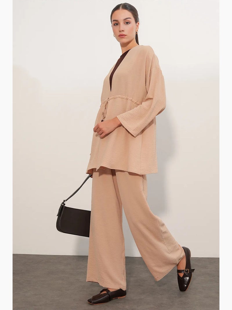 Ensemble deux pièces en crêpe avec kimono et pantalon large bdart Beige argile - Kiabi