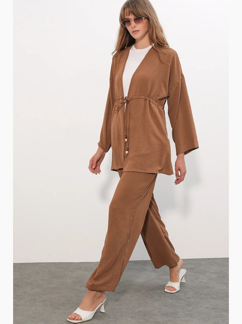 Ensemble deux pièces en crêpe avec kimono et pantalon large bdart Camel - Kiabi