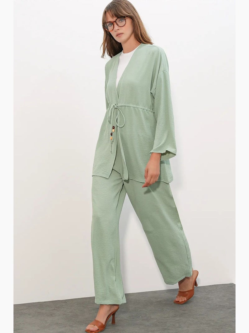 Ensemble deux pièces en crêpe avec kimono et pantalon large bdart Vert menthe - Kiabi