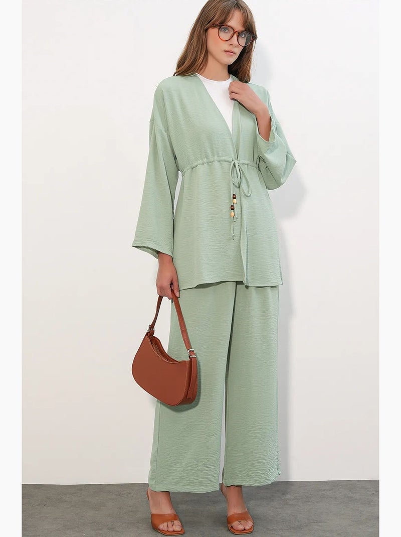 Ensemble deux pièces en crêpe avec kimono et pantalon large bdart Vert menthe - Kiabi