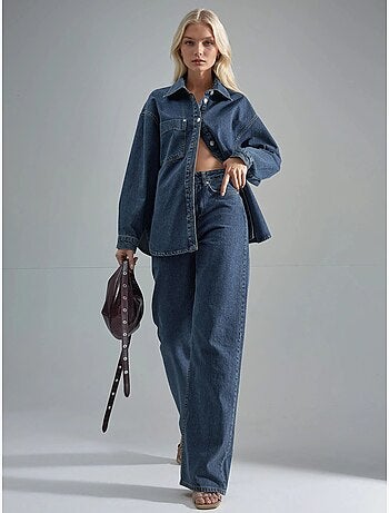 Ensemble deux pièces en jean taille haute avec col de veste