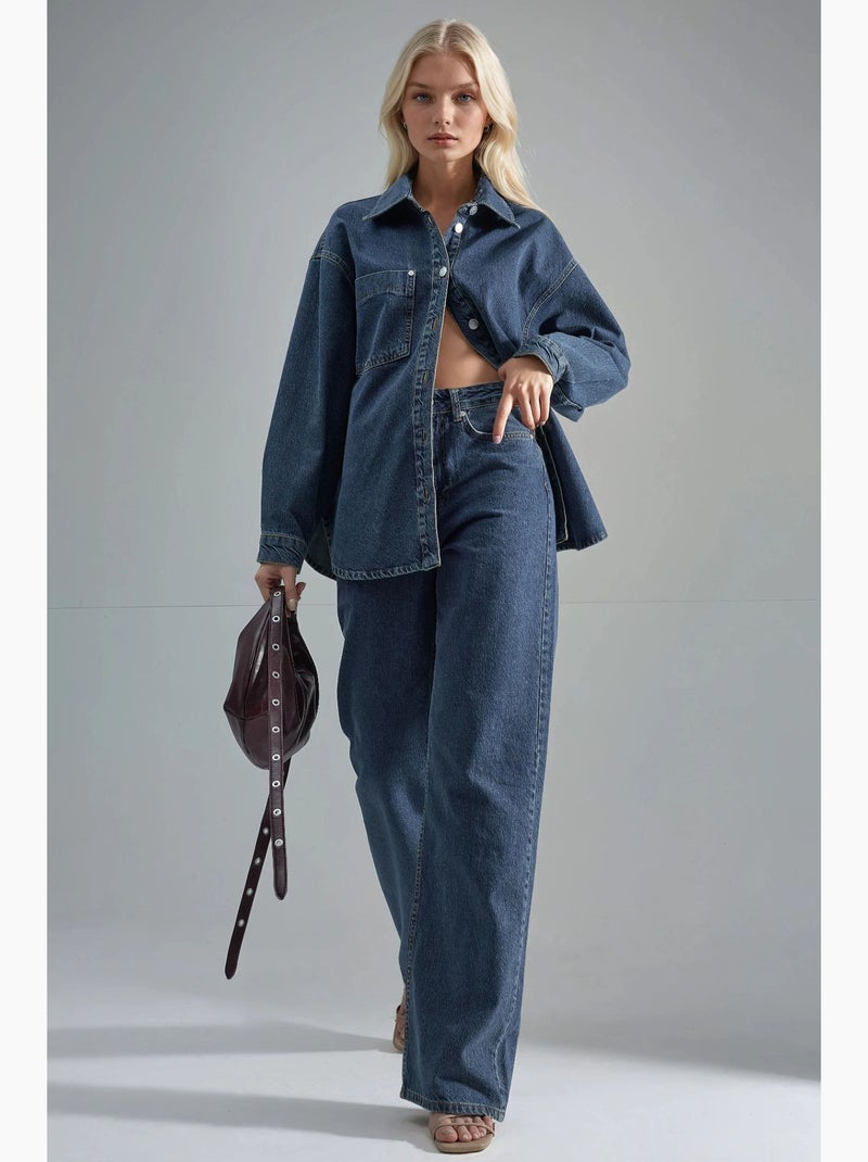Ensemble deux pièces en jean taille haute avec col de veste hiccup Bleu gris - Kiabi
