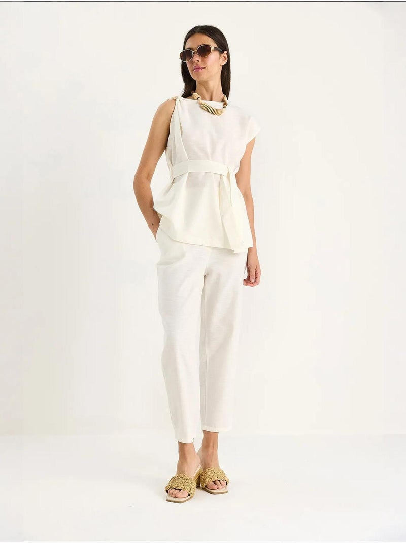 Ensemble deux pièces en lin avec ceinture et nœud aux épaules bianco lucci Ivoire - Kiabi