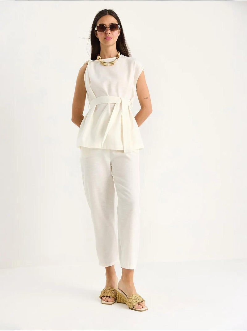 Ensemble deux pièces en lin avec ceinture et nœud aux épaules bianco lucci Ivoire - Kiabi
