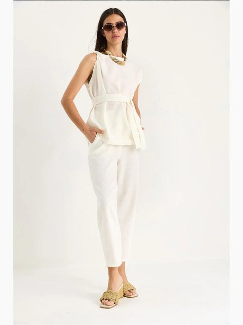 Ensemble deux pièces en lin avec ceinture et nœud aux épaules bianco lucci - Kiabi