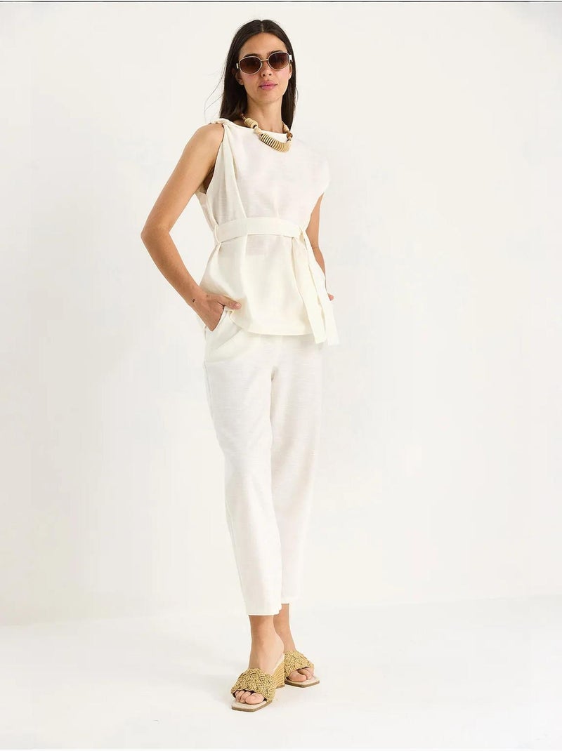Ensemble deux pièces en lin avec ceinture et nœud aux épaules bianco lucci Ivoire - Kiabi