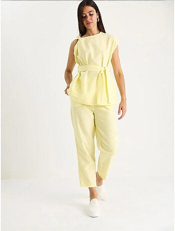 Ensemble deux pièces en lin avec ceinture et nœud aux épaules bianco lucci