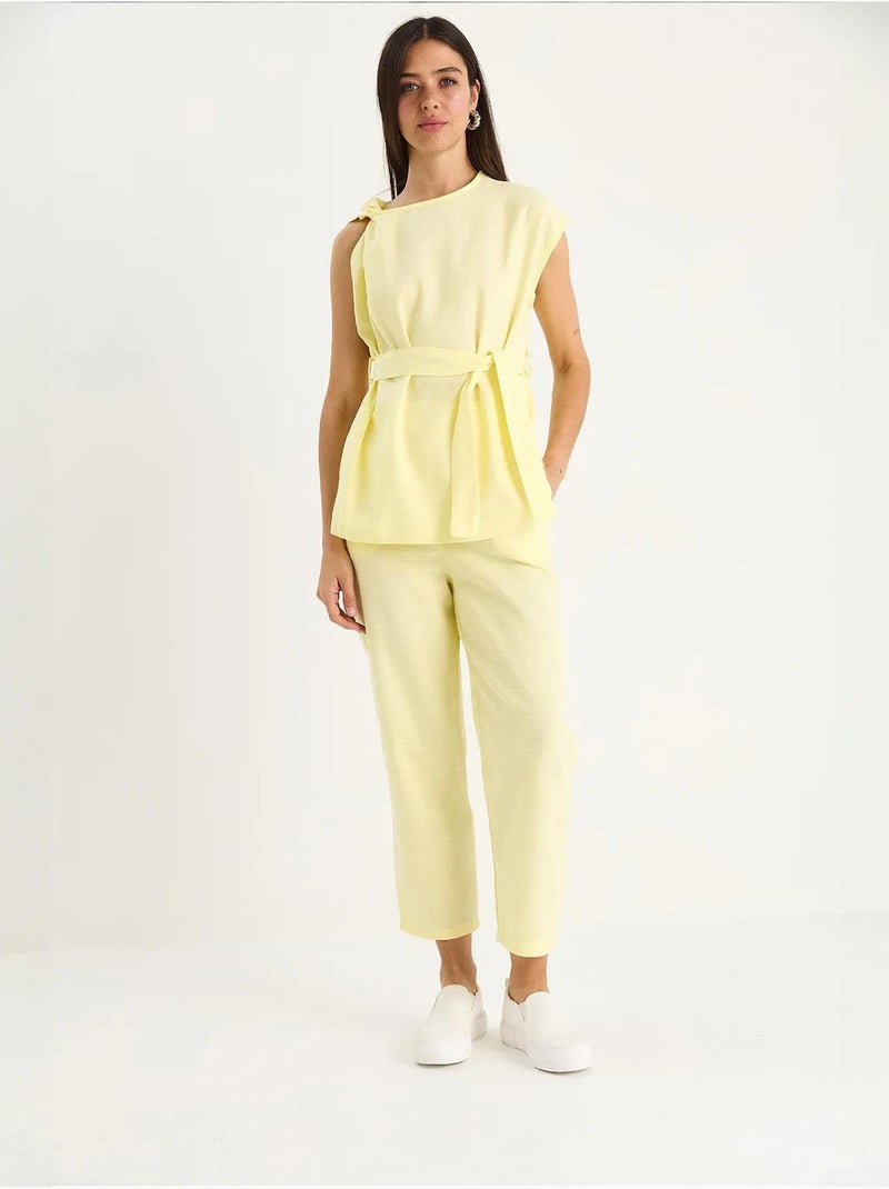Ensemble deux pièces en lin avec ceinture et nœud aux épaules bianco lucci Jaune citron - Kiabi