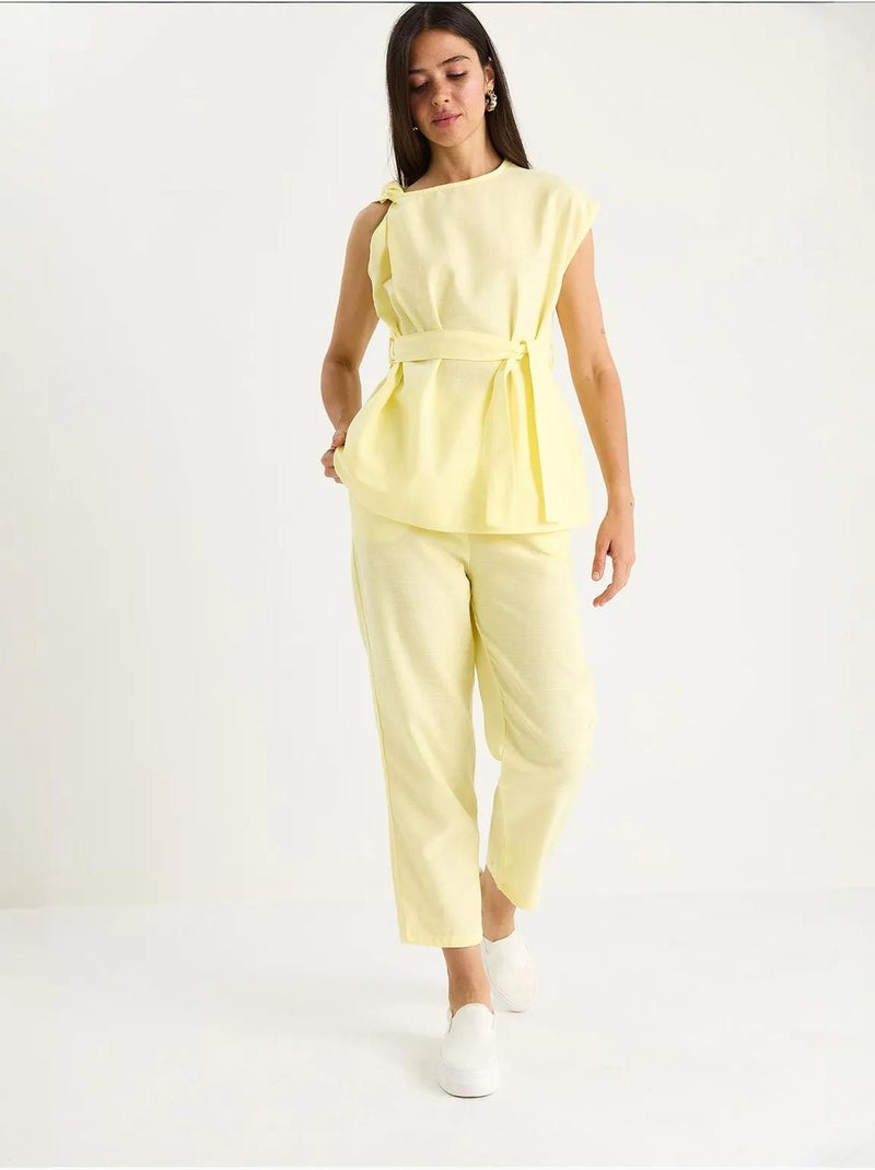 Ensemble deux pièces en lin avec ceinture et nœud aux épaules bianco lucci Jaune citron - Kiabi