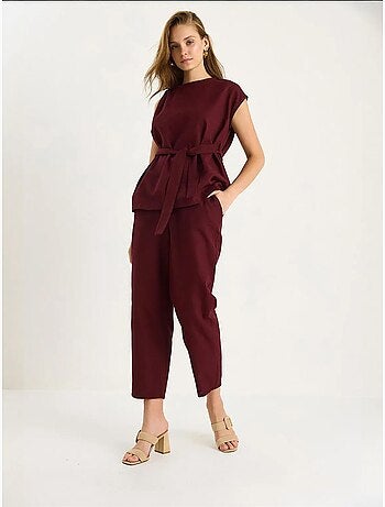 Ensemble deux pièces en lin avec ceinture et nœud aux épaules bianco lucci