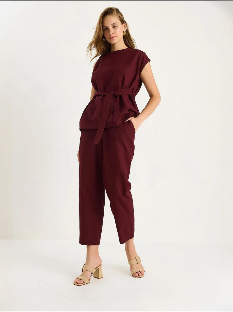 Ensemble deux pièces en lin avec ceinture et nœud aux épaules bianco lucci Rouge bordeaux - Kiabi