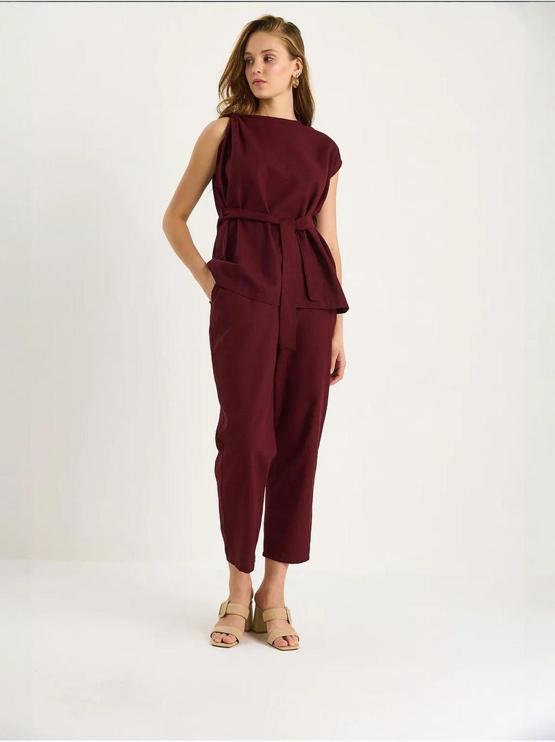Ensemble deux pièces en lin avec ceinture et nœud aux épaules bianco lucci Rouge bordeaux - Kiabi