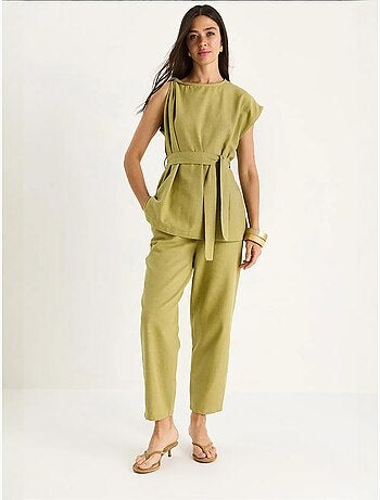 Ensemble deux pièces en lin avec ceinture et nœud aux épaules bianco lucci
