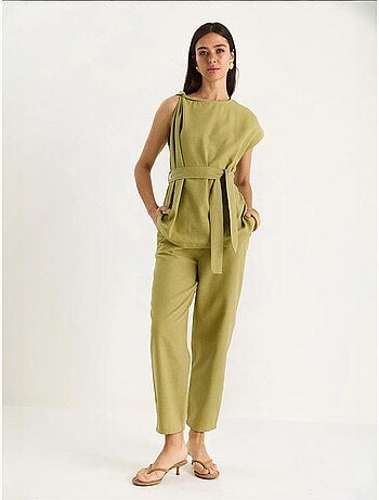 Ensemble deux pièces en lin avec ceinture et nœud aux épaules bianco lucci