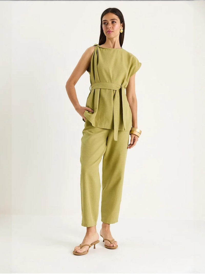 Ensemble deux pièces en lin avec ceinture et nœud aux épaules bianco lucci Vert pastel - Kiabi