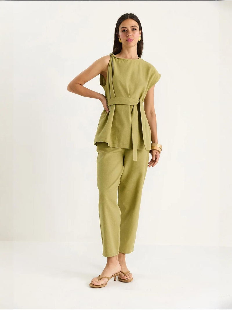 Ensemble deux pièces en lin avec ceinture et nœud aux épaules bianco lucci Vert pastel - Kiabi