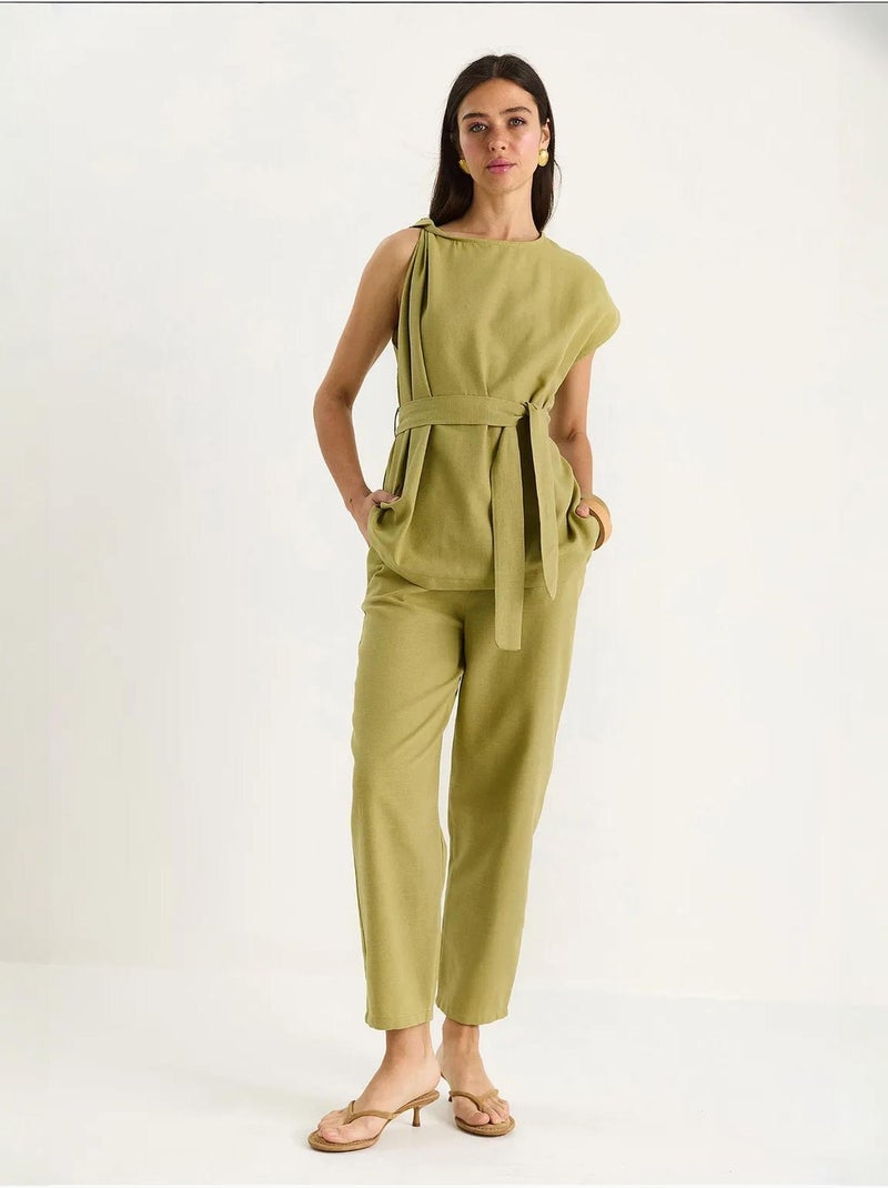 Ensemble deux pièces en lin avec ceinture et nœud aux épaules bianco lucci Vert pastel - Kiabi