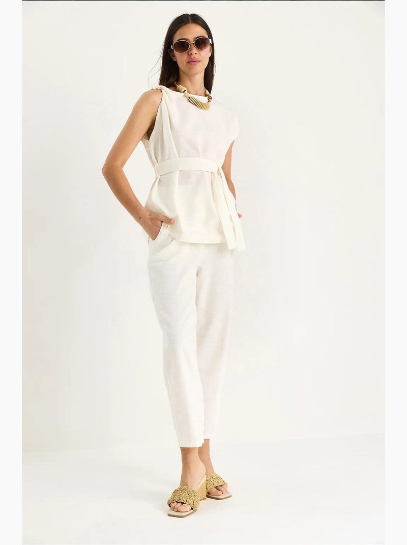 Ensemble deux pièces en lin avec ceinture et nœud aux épaules lucci Ivoire - Kiabi