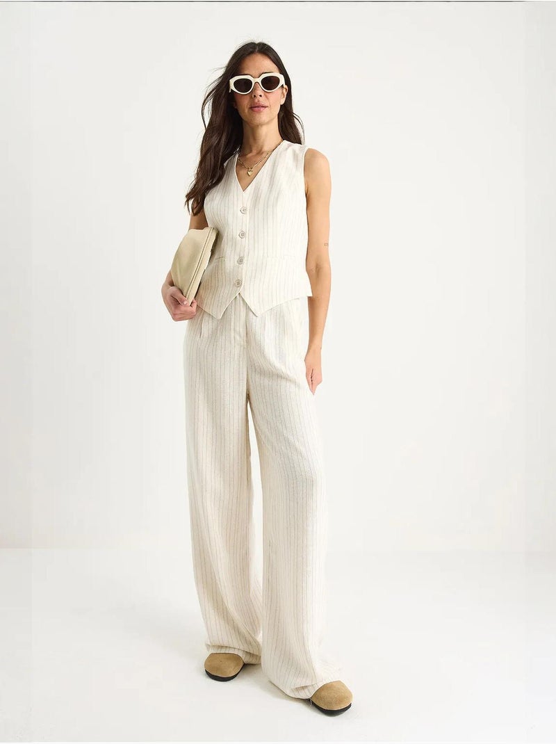 Ensemble deux pièces en lin rayé confortable avec gilet et pantalon palazzo de bianco lucci Beige argile - Kiabi