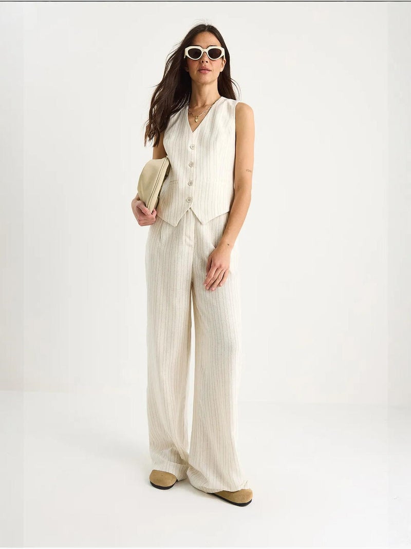 Ensemble deux pièces en lin rayé confortable avec gilet et pantalon palazzo de bianco lucci Beige argile - Kiabi
