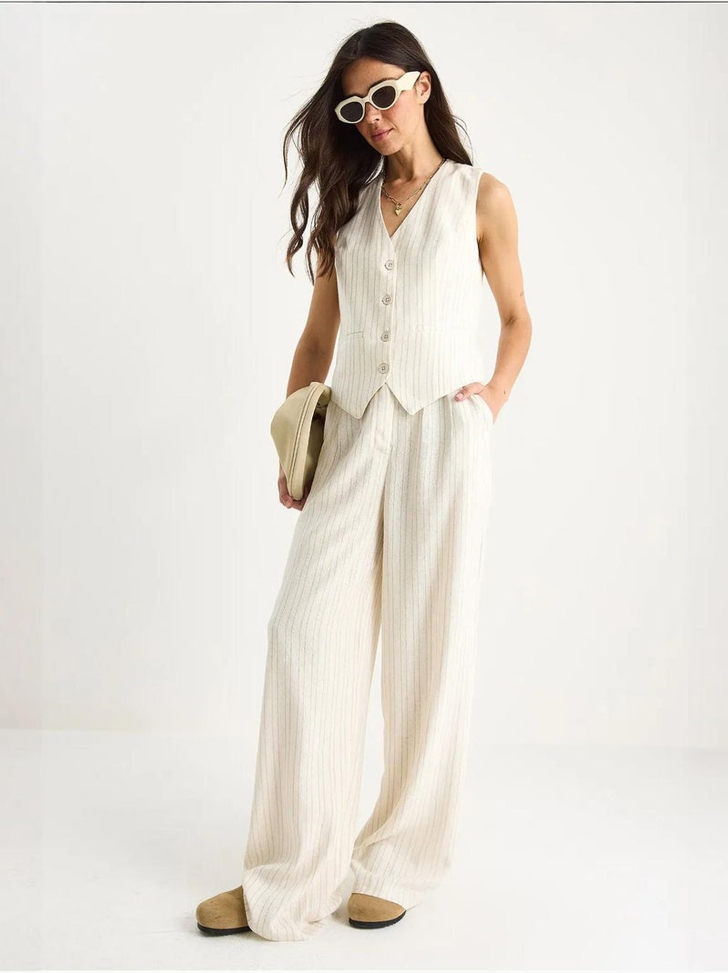 Ensemble deux pièces en lin rayé confortable avec gilet et pantalon palazzo de bianco lucci Beige argile - Kiabi