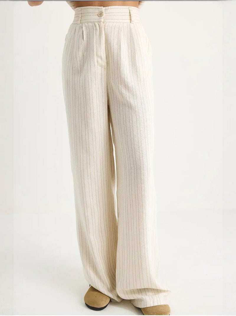 Ensemble deux pièces en lin rayé confortable avec gilet et pantalon palazzo de bianco lucci Beige argile - Kiabi