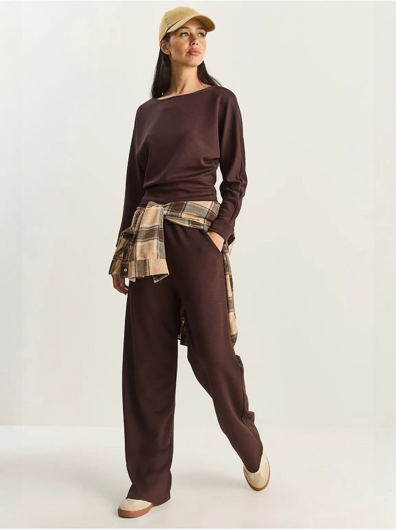 Ensemble deux pièces en maille à col asymétrique et taille haute lucci Marron chocolat - Kiabi
