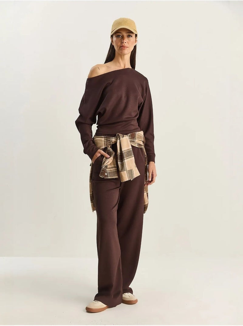 Ensemble deux pièces en maille à col asymétrique et taille haute lucci Marron chocolat - Kiabi