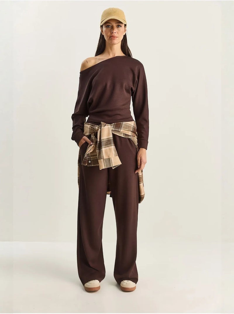 Ensemble deux pièces en maille à col asymétrique et taille haute lucci Marron chocolat - Kiabi