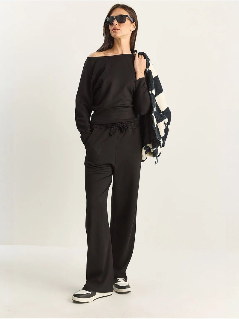 Ensemble deux pièces en maille à col asymétrique et taille haute lucci Noir - Kiabi