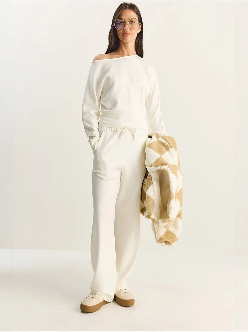 Ensemble deux pièces en maille à col asymétrique et taille haute lucci Sable - Kiabi