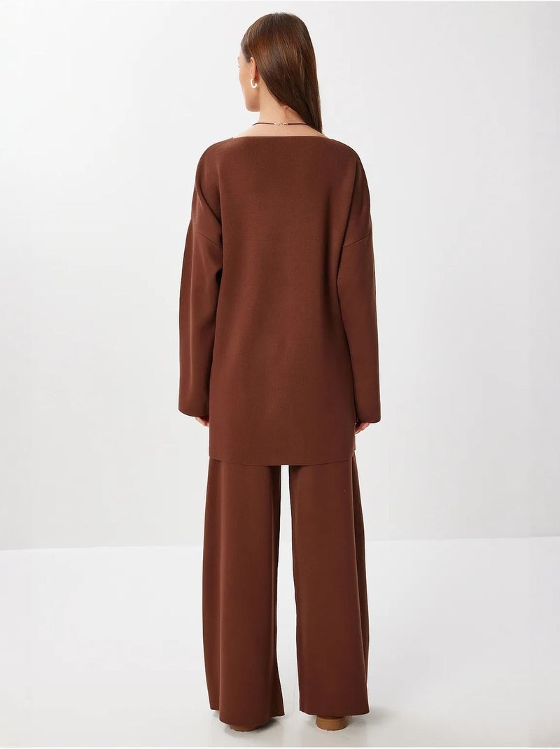Ensemble deux pièces en maille à col v et détail cravate oversize istanbul Marron - Kiabi