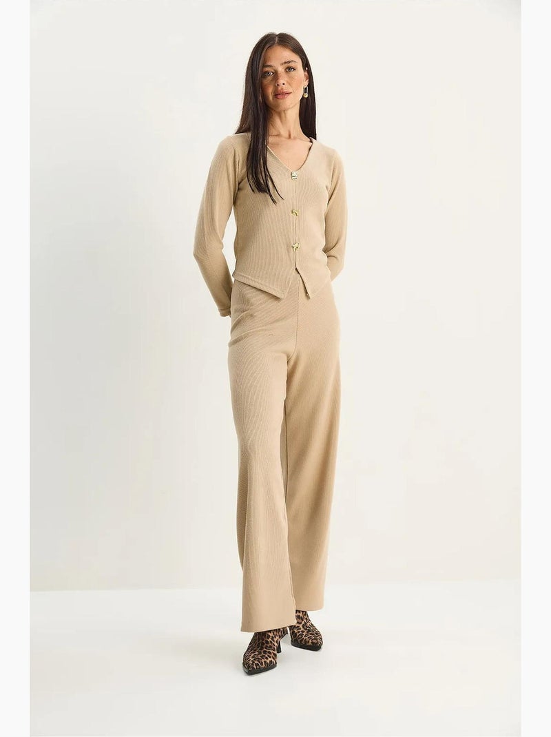 Ensemble deux pièces en maille à col v et jambes larges lucci Beige argile - Kiabi