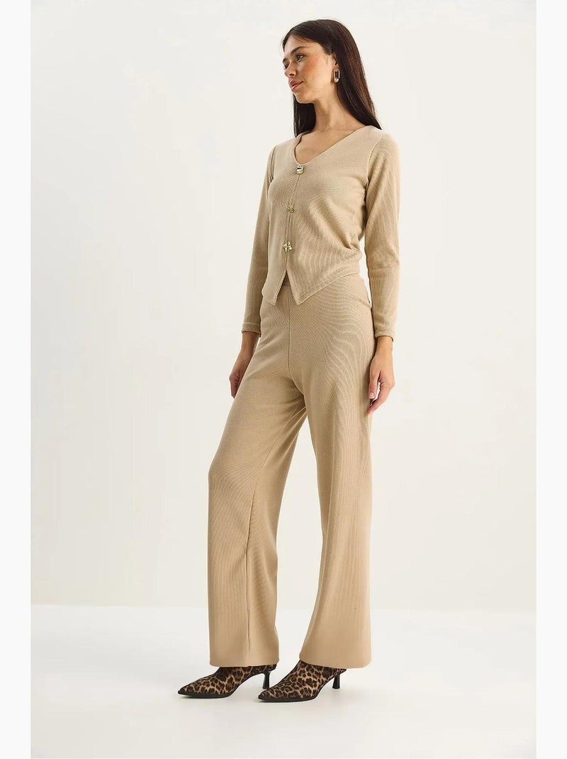 Ensemble deux pièces en maille à col v et jambes larges lucci Beige argile - Kiabi