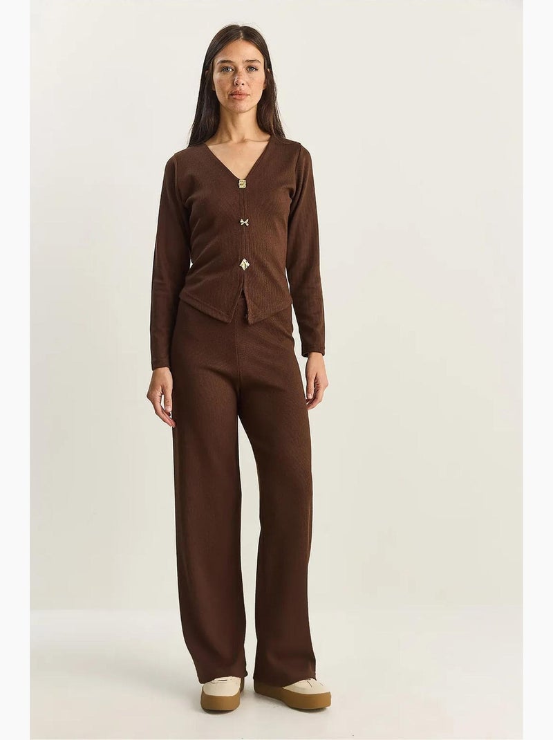 Ensemble deux pièces en maille à col v et jambes larges lucci Marron foncé - Kiabi