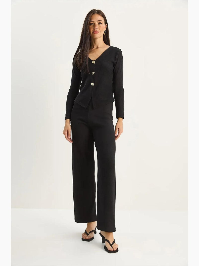 Ensemble deux pièces en maille à col v et jambes larges lucci Noir - Kiabi