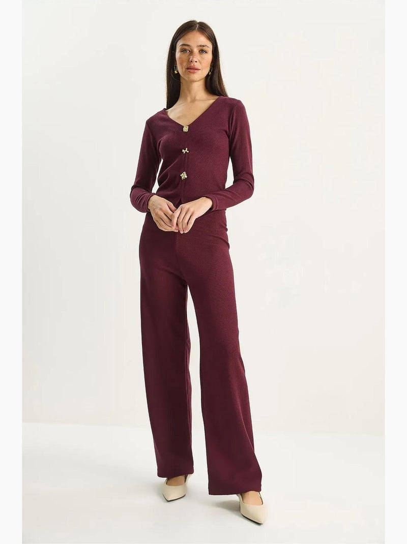 Ensemble deux pièces en maille à col v et jambes larges lucci Rouge bordeaux - Kiabi